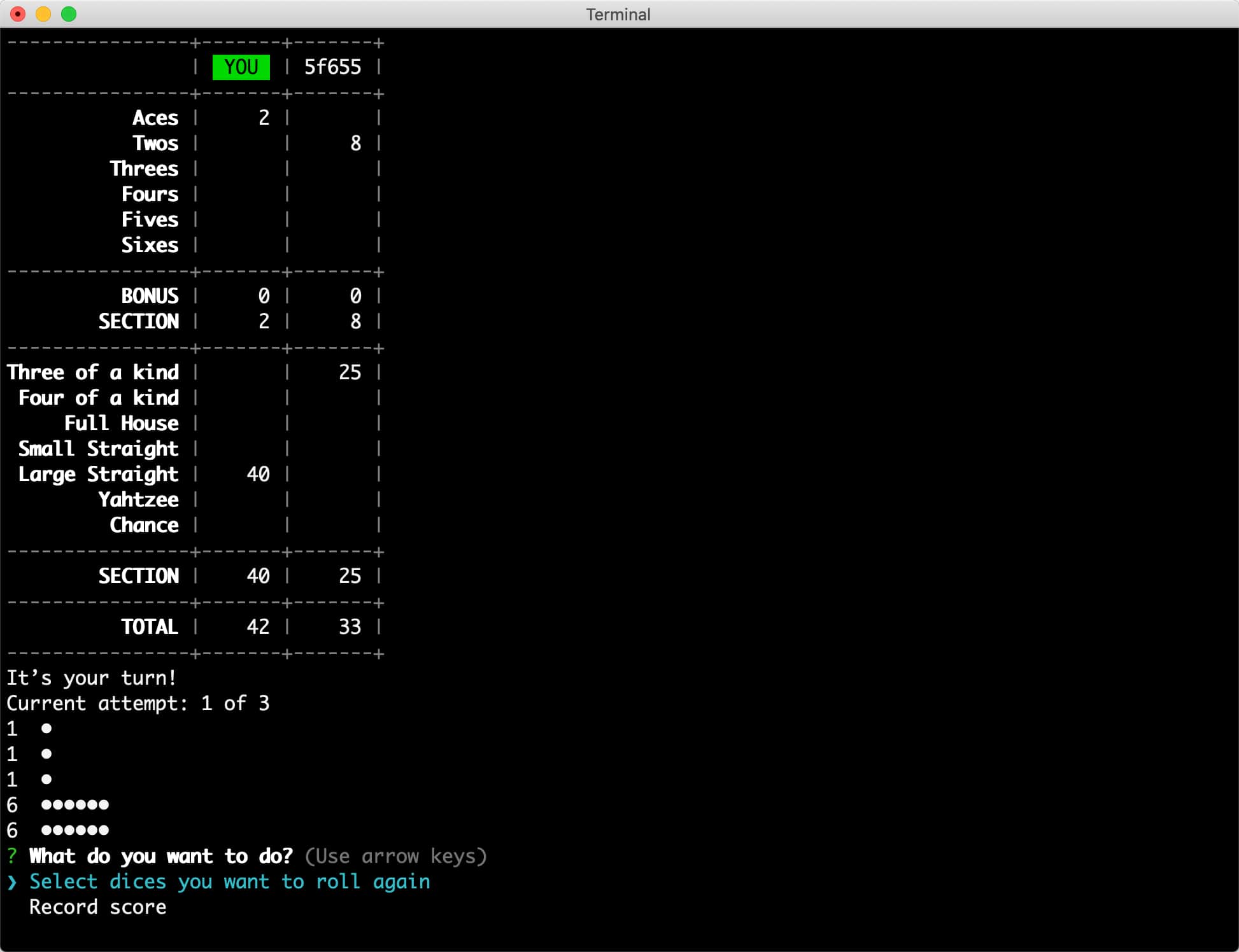 Command line interface of my Crypto Yahtzee reference implementation